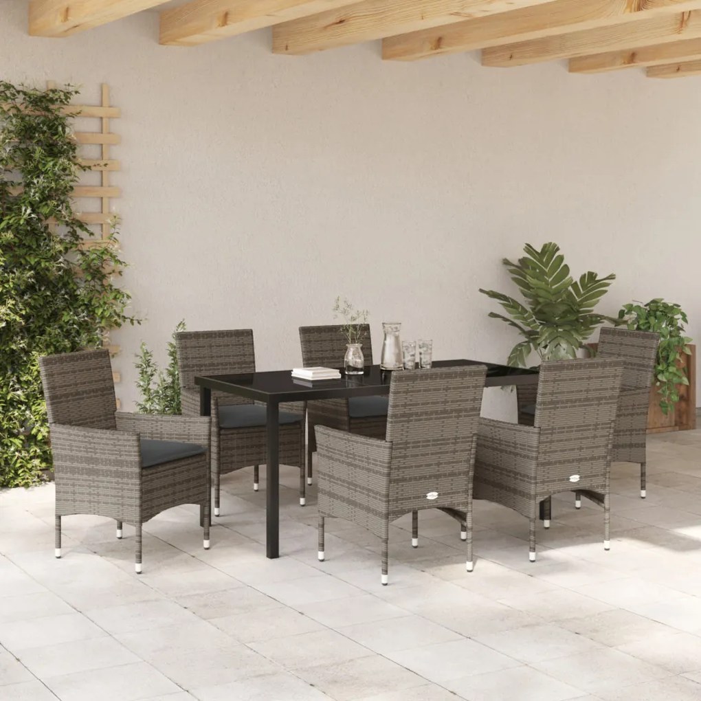 7 Darabos Kerti Étkező Készlet Párnákkal Szürke Polirattan, Kerti Asztal Fekete 160x80x73 cm Edzett Üveg
