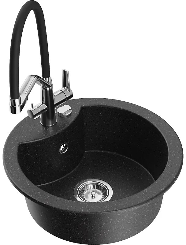 Mexen Diego egymedencés gránit mosogató konyhai csappal Duo, fekete/ezüst metál - 6512-73-671701-07