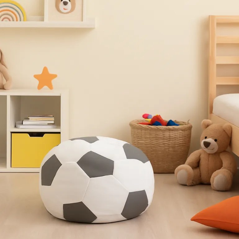 EMI focilabda mintás fehér-szürke műbőr babzsákfotel