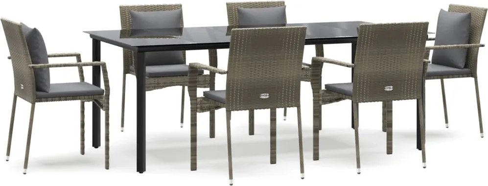 vidaXL 7 részes fekete és szürke polyrattan kerti étkezőszett párnával