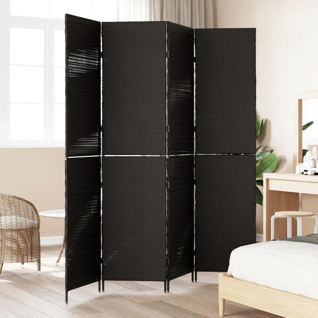 Szobai elválasztó 4 paneles hajtható fekete 195x180 cm poli rattan