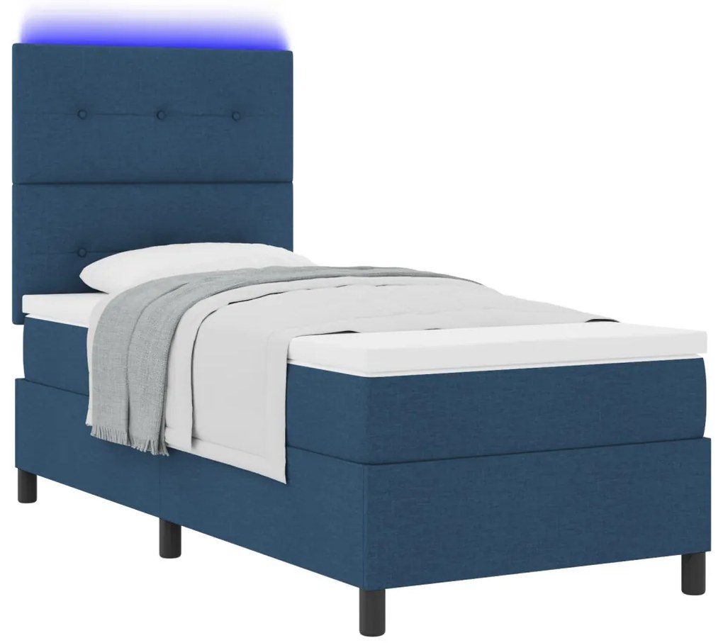 Rugós ágy matraccal és LED fénnyel, kék, 90 x 190 cm, textil
