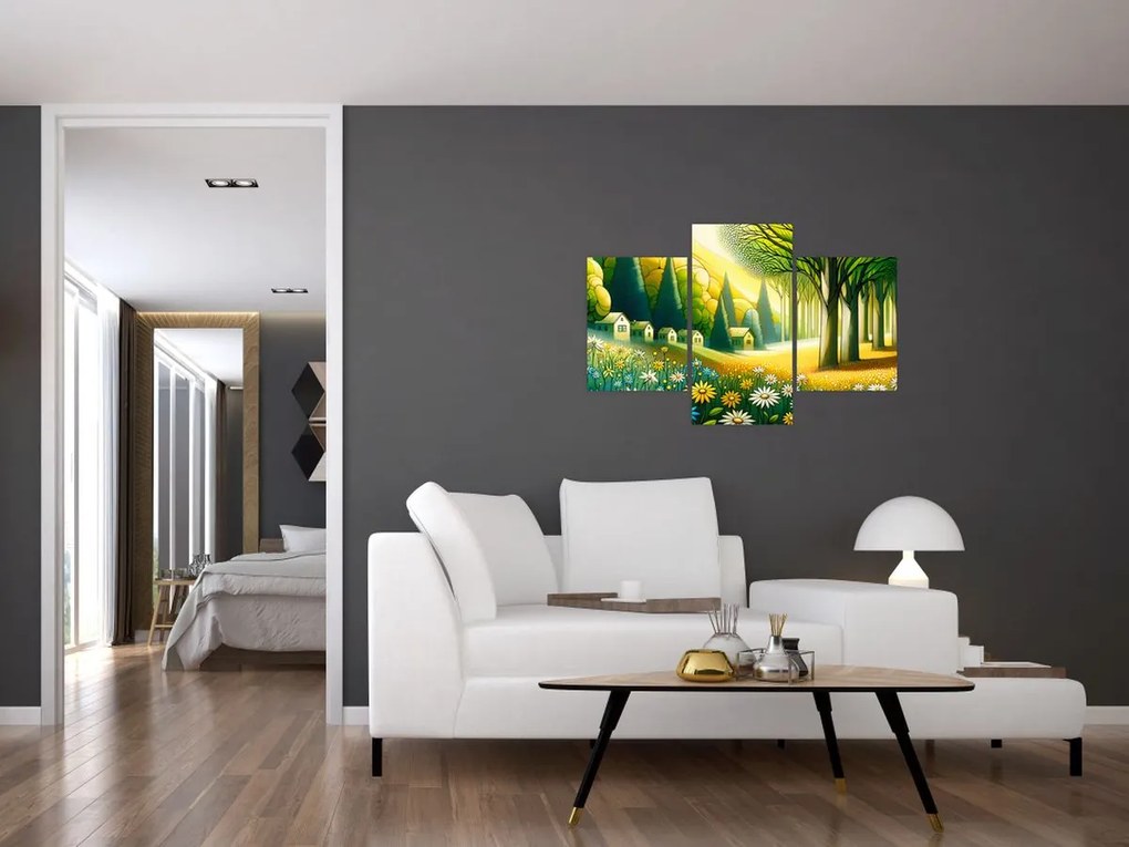 Kép - Falu sárga-zöld színekben (90x60 cm)