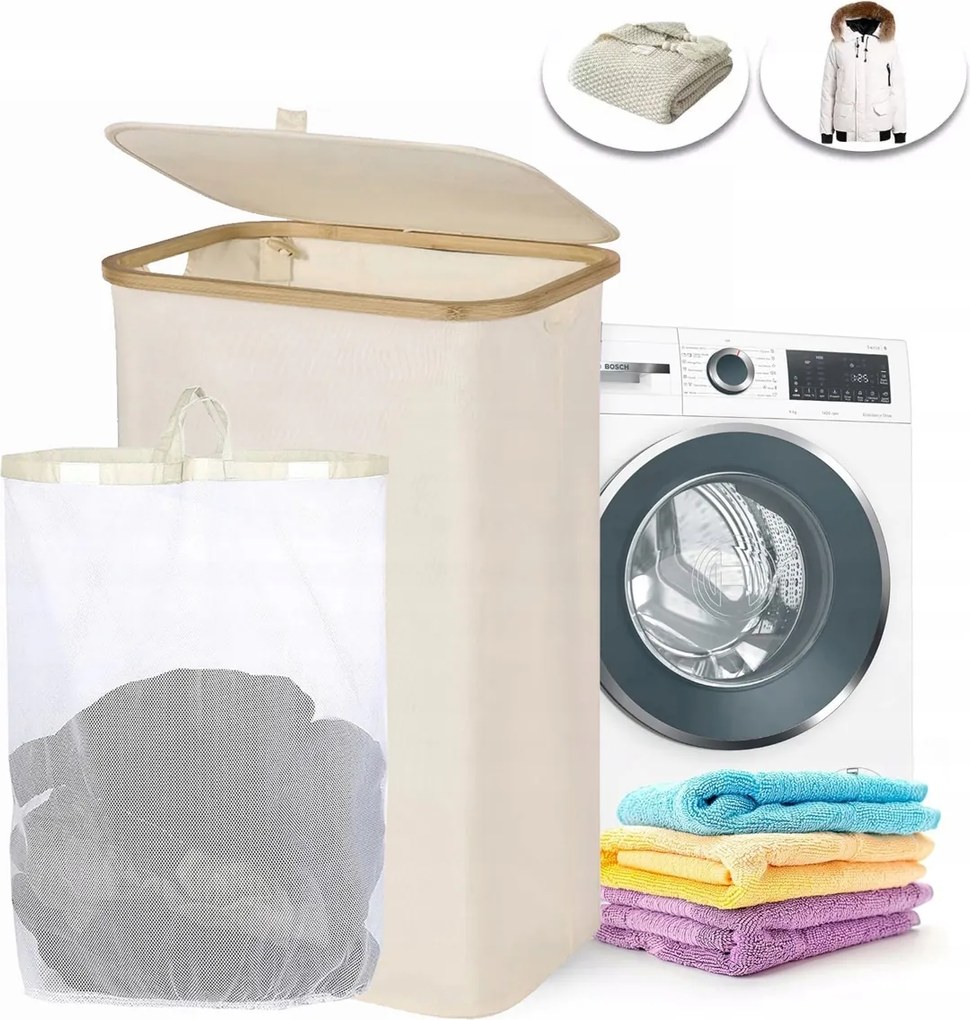 Összecsukható Keskeny Nagy Szennyestartó/játékkosár Fedéllel Bézs 63L