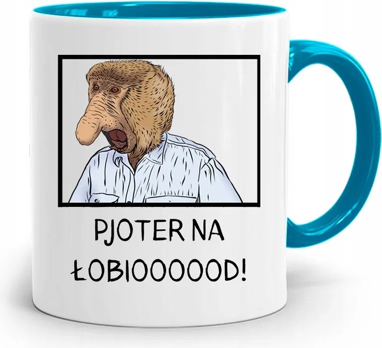 Kék Hordozós Bögre Janusz Pjoter A Fejen! fényképes nyomattal