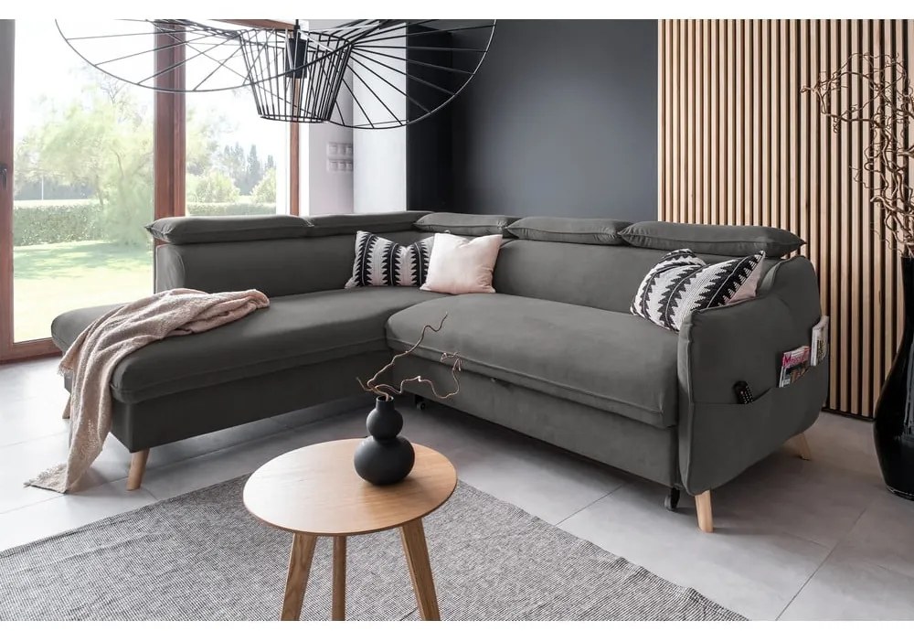 Sötétszürke bársony kinyitható sarokkanapé (bal oldali) Sweet Harmony – Miuform