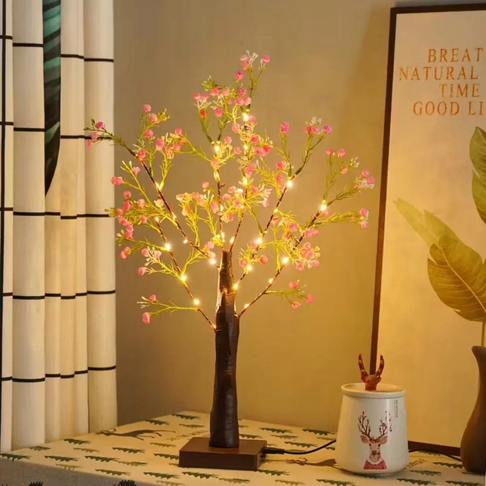 Lámpa LED-es éjjeli lámpa fa levelek gipsz virágok 52cm elemes vagy Usb