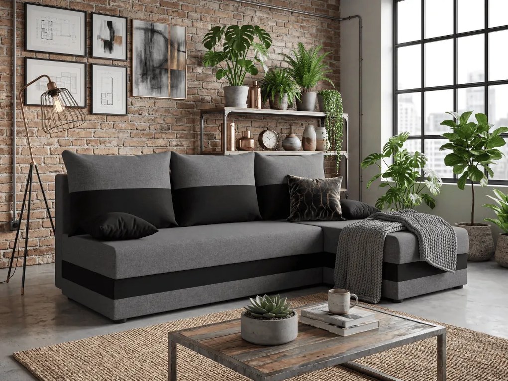 Kihajtható kétoldalas L-alakú kanapé VALERIO SLIM 200x140 cm, sötétszürke/antracit + 2 párnák INGYENESEN