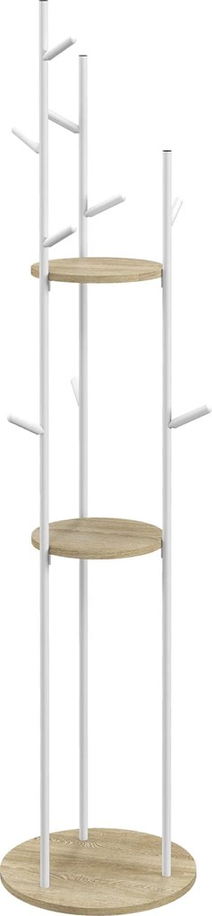 HOMCOM Álló kabátállvány előszobába acélból 9 horoggal és 2 kerek polccal - Ø 40 x 167 cm természetes és fehér | Aosom
