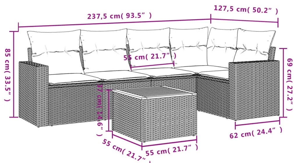 6 részes bézs polyrattan kerti ülőgarnitúra párnával