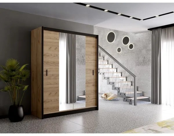 MIRO gardróbszekrény tükörrel 203x215 cm, craft tölgy/fekete