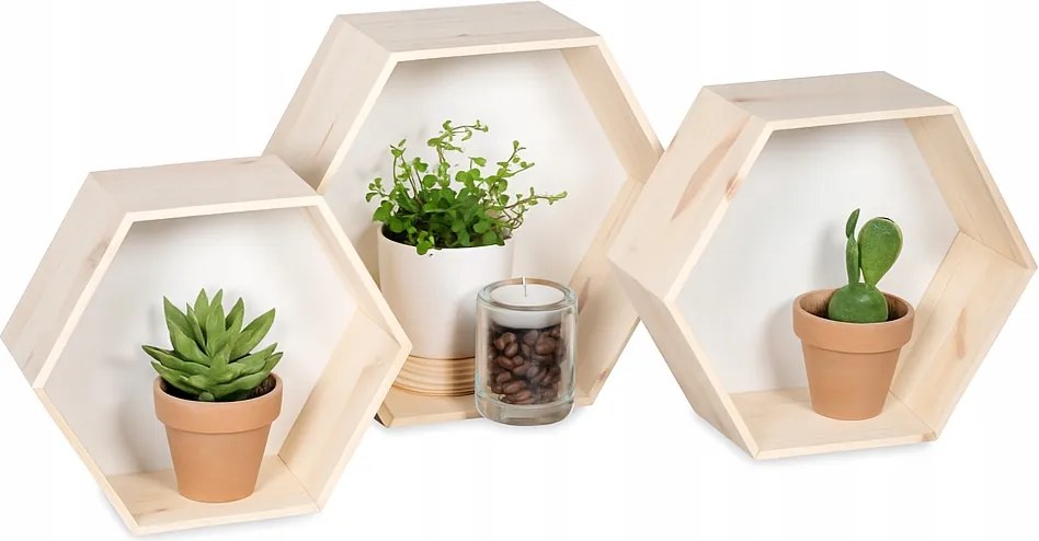 Fali Polcok Fa Méhsejt Hexagon Lógó Dekoratív 3 Db