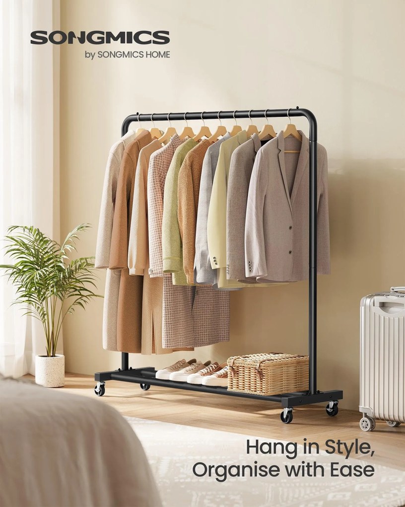 Ruhaszárító kocsi, gurulós ruhatartó, 2 zárható kerékkel, tintafekete