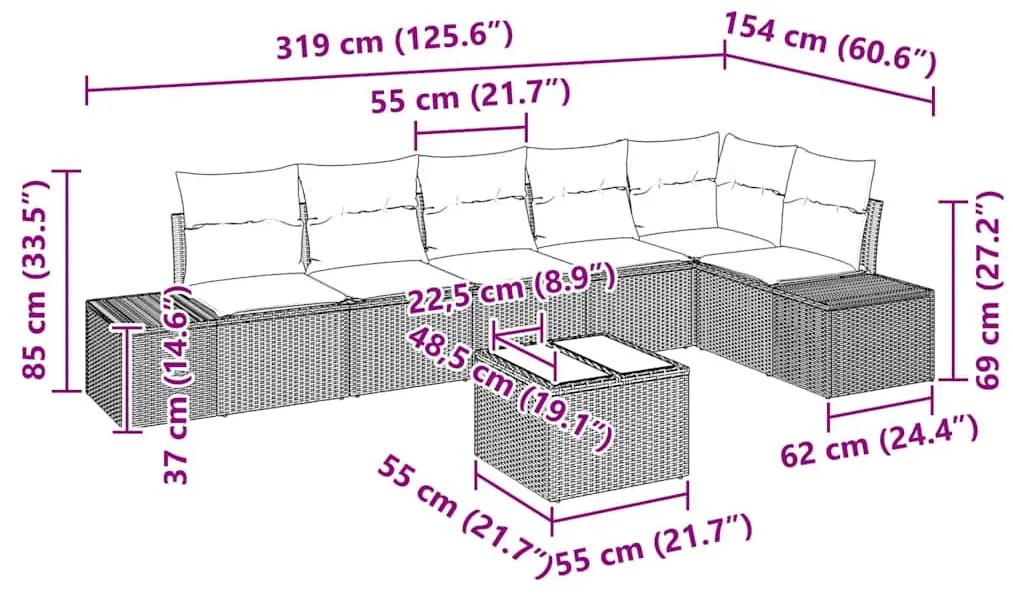 Kerti Kanapé Szett 7 pcs Fekete és krémszínű Poli rattan
