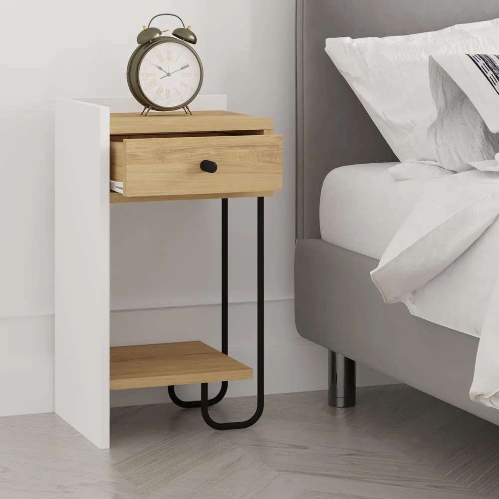 Fehér-natúr színű éjjeliszekrény tölgyfa dekorral Mercure – Marckeric