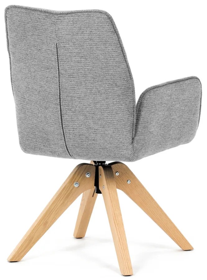 Scaun de sufragerie cu cotiere, din material hidrofug gri deschis, cu picioare de stejar, rotativ 360°