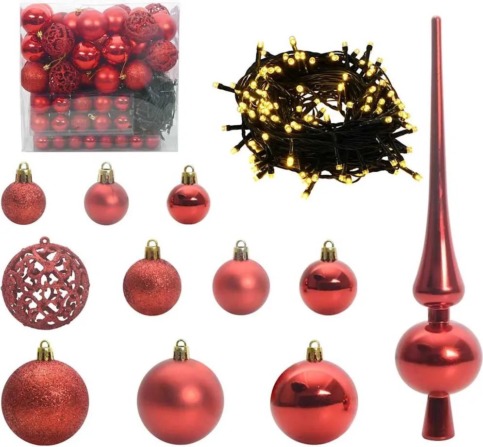 vidaXL Karácsonyi Díszgömb Készlet 300 LED-del 120 pcs Piros Műanyag