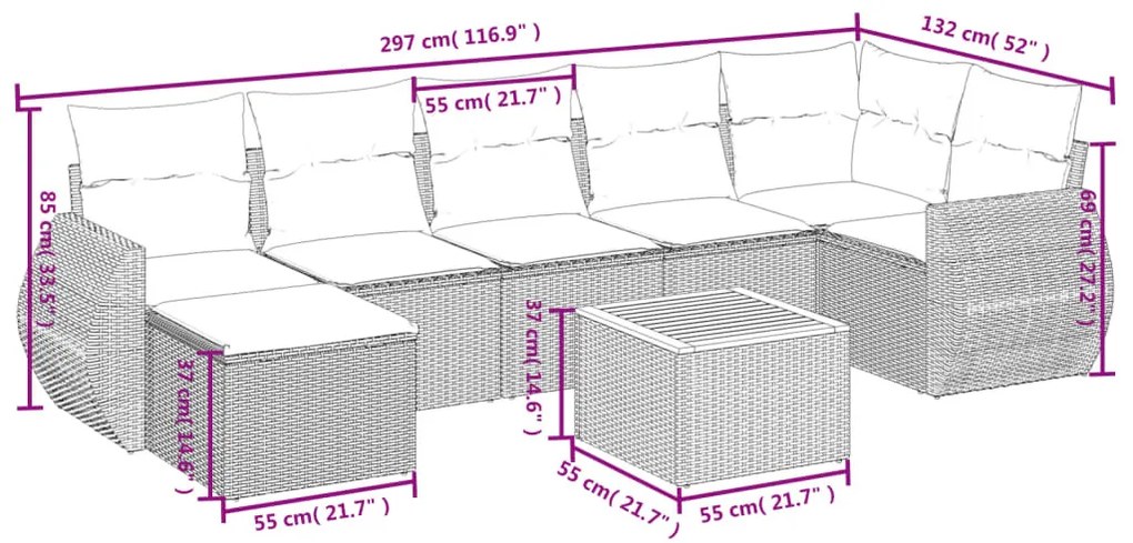 8 részes bézs polyrattan kerti ülőgarnitúra párnával