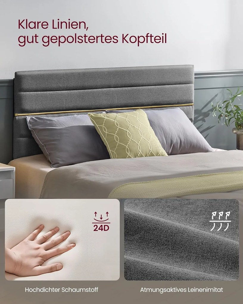 VASAGLE kárpitozott ágykeret, 140 x 200 cm-es matracra alkalmas, szürke