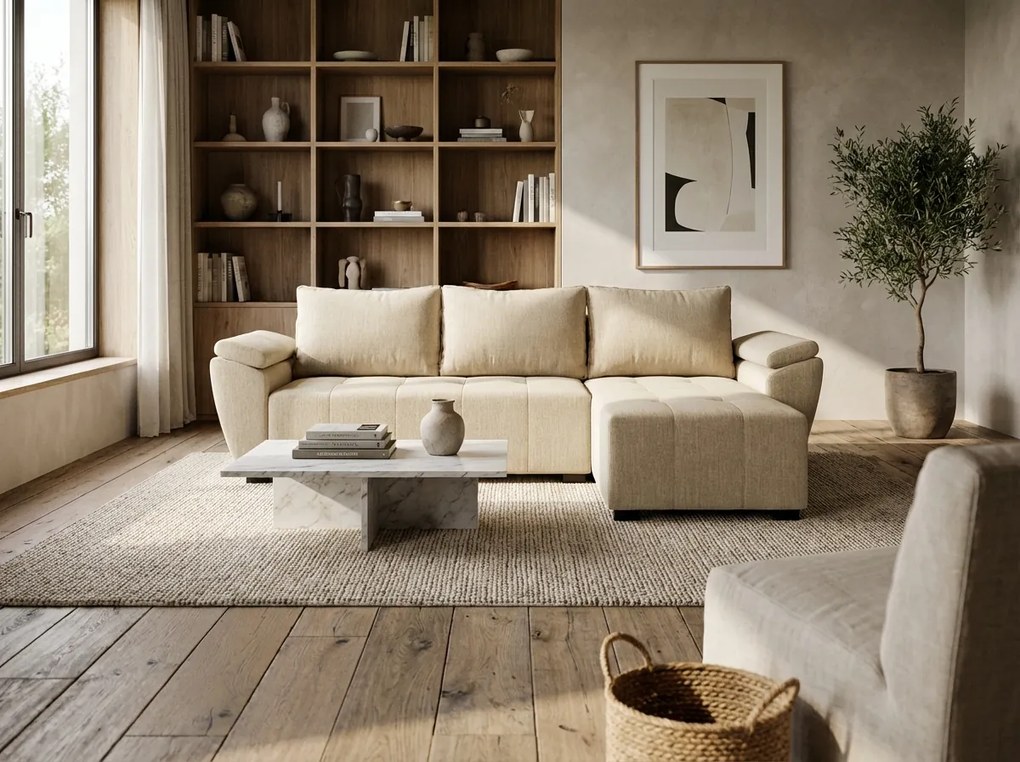 LIVARO L alakú kihúzható, megfordítható sarokkanapé 251x140 cm, krém