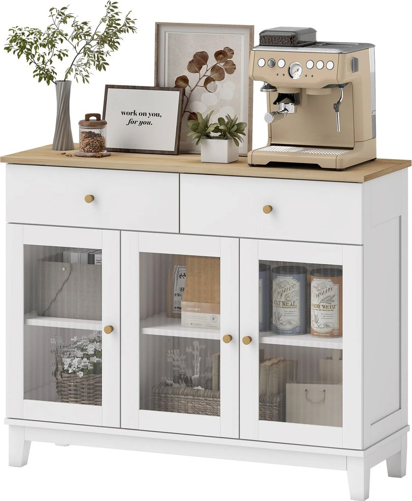 HOMCOM Oldalszekrény 3 Bordás Üvegezett Ajtóval Modern Oldalszekrény 2 Fiókkal és Állítható Polcokkal Étkezőhöz Előszoba Fehér 100x35x80,3 cm | Aosom
