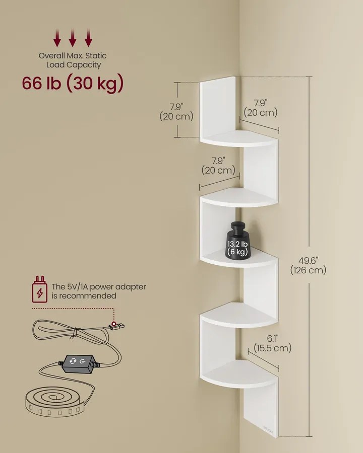 Fali sarokpolc RGB LED világítással, 5 szintes, matt fehér színben