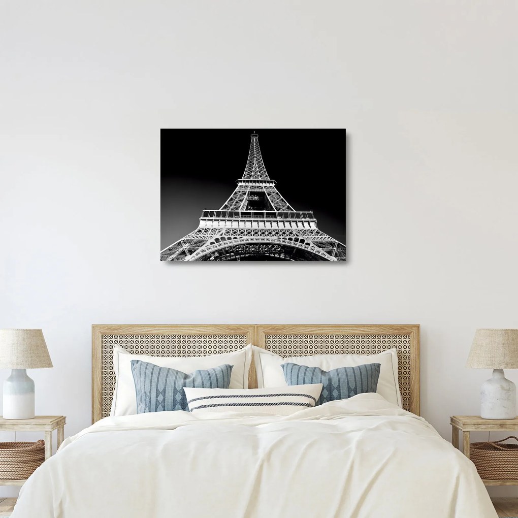 Üveg kép - Eiffel-torony, fekete-fehér (70x50 cm)