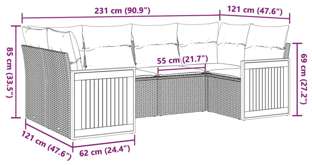 6 részes fekete polyrattan kerti ülőgarnitúra párnákkal