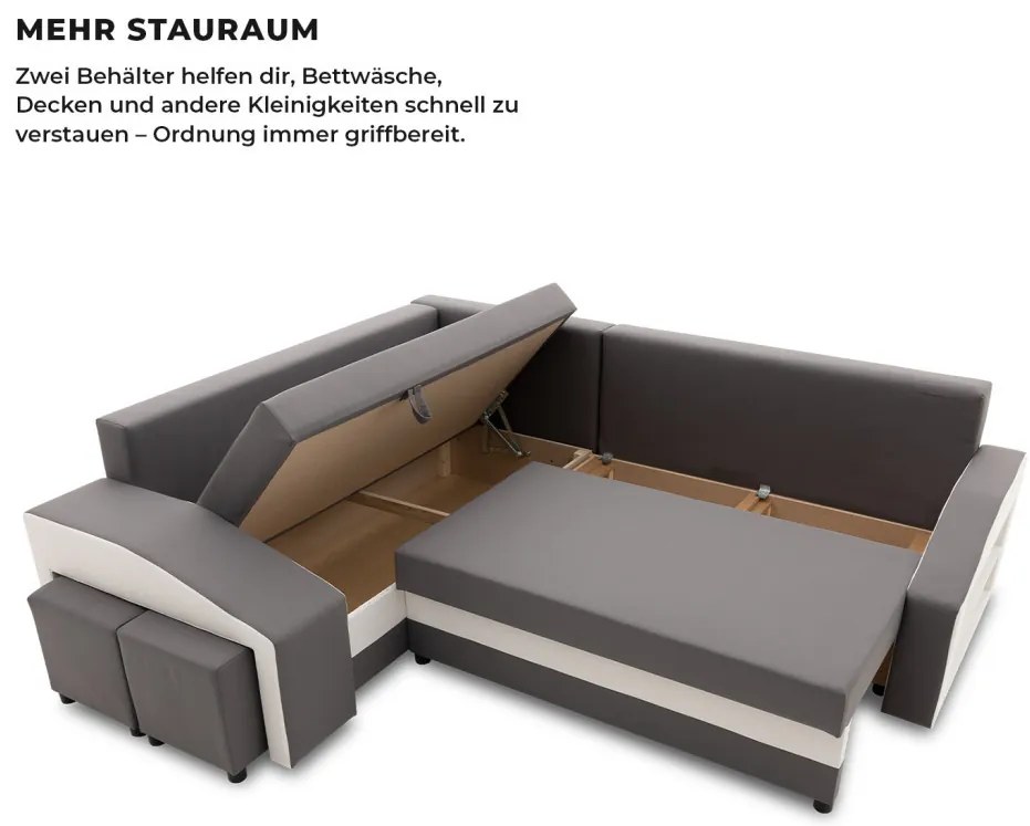 Grande sarokkanapé polcokkal és puffokkal , polc a jobb karfaban puffok a bal karfaban, baloldali, szövet anyag, bonell töltet, szürke - fehér