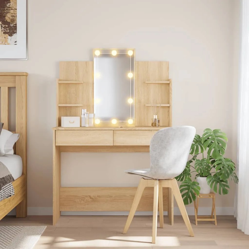 sonoma tölgy színű fésülködőasztal LED-lámpákkal 96x40x142 cm
