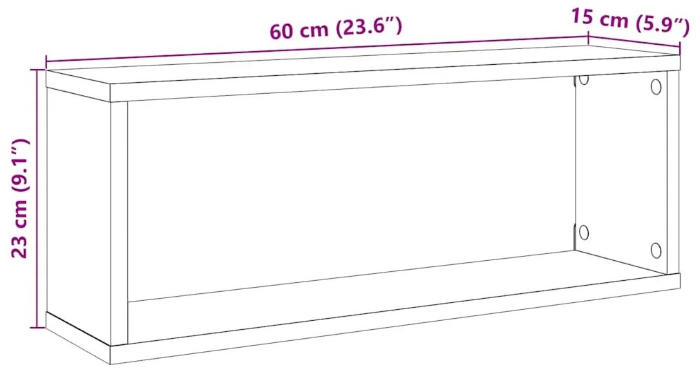 4 db kézműves tölgy színű szerelt fa fali kockapolc 60x15x23 cm
