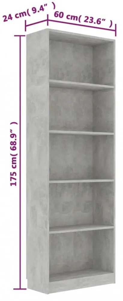 5-szintes betonszürke szerelt fa könyvszekrény 60 x 24 x 175 cm