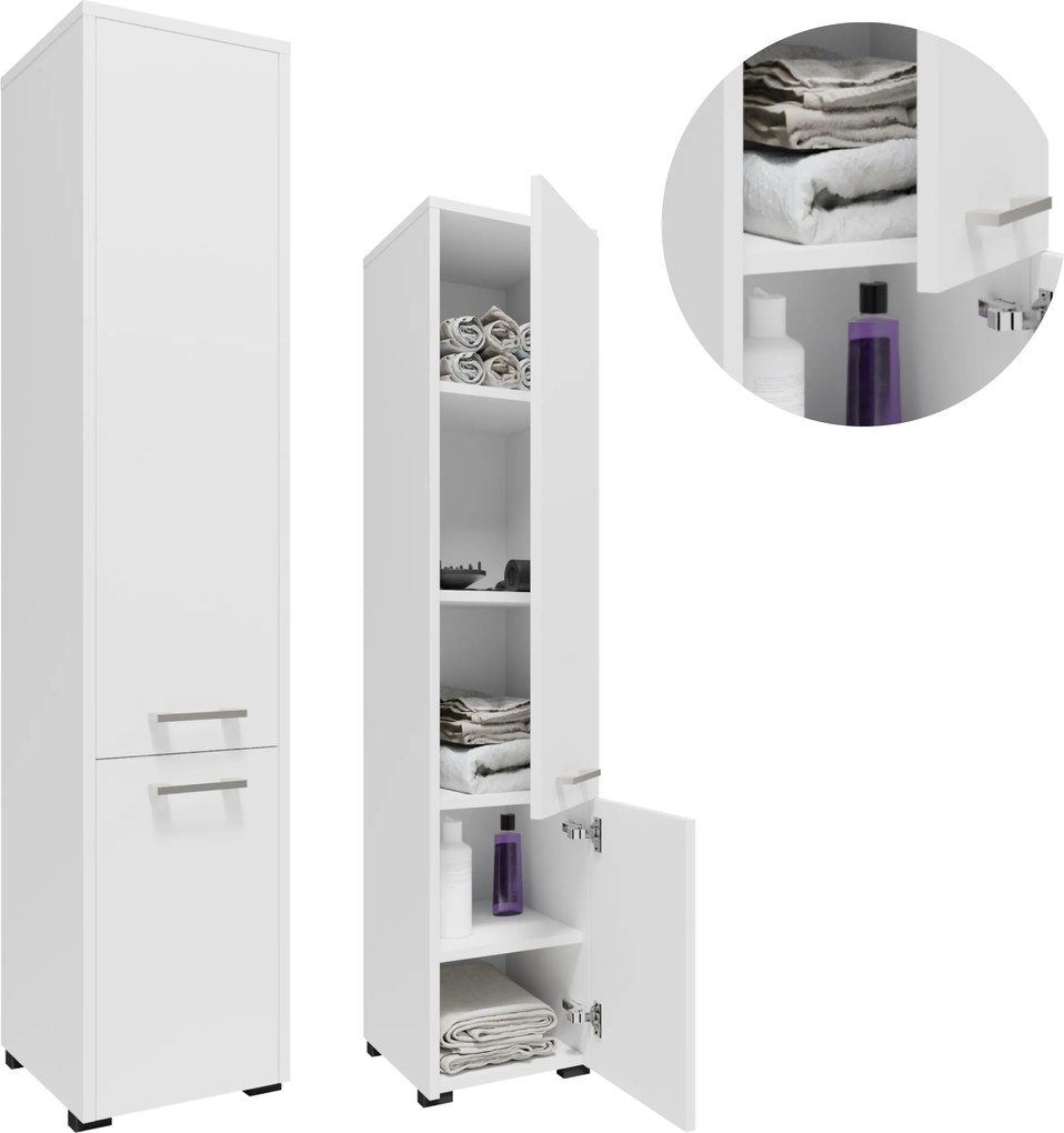 Fürdőszoba szekrény F1402DBIA fehér 140cm álló akasztós oszlop polcos szekrény