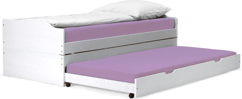 Ágy kihúzható pótágyakkal, fehér, tömörfa, 90x200, FLOPY