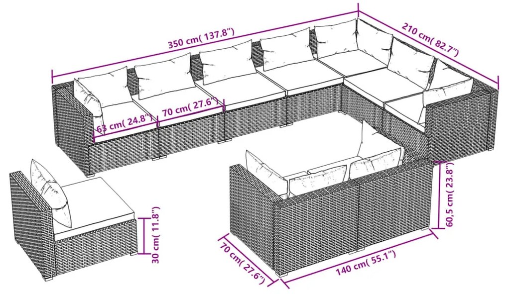 10 részes barna polyrattan kerti ülőgarnitúra párnákkal