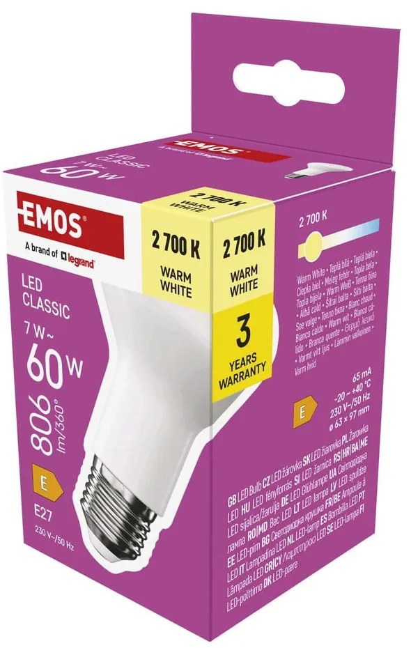 Meleg színű LED izzó E27, 7 W – EMOS