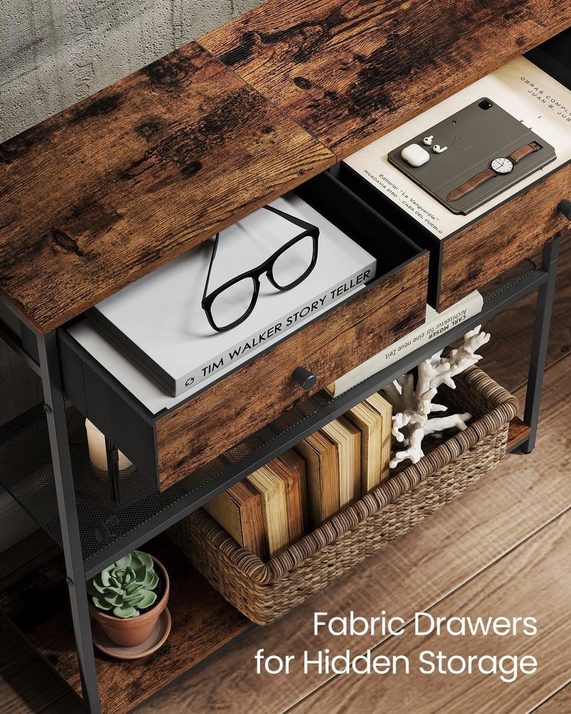 Keskeny konzolasztal 2 fiókkal, 3 szintes, rusztikus barna és fekete színben