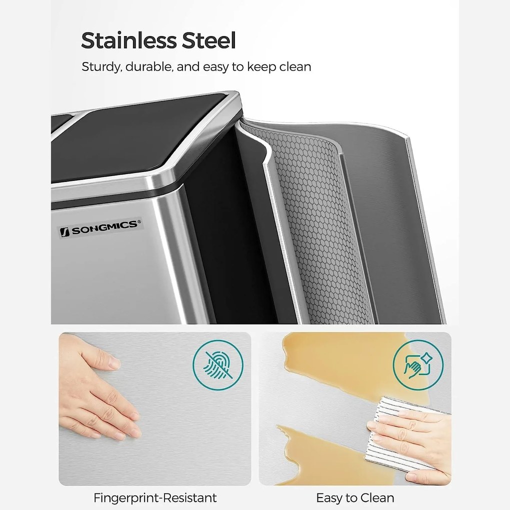 Szelektív szemetes 54 liter, hulladékleválasztó rendszer 3 rekeszes, ezüst