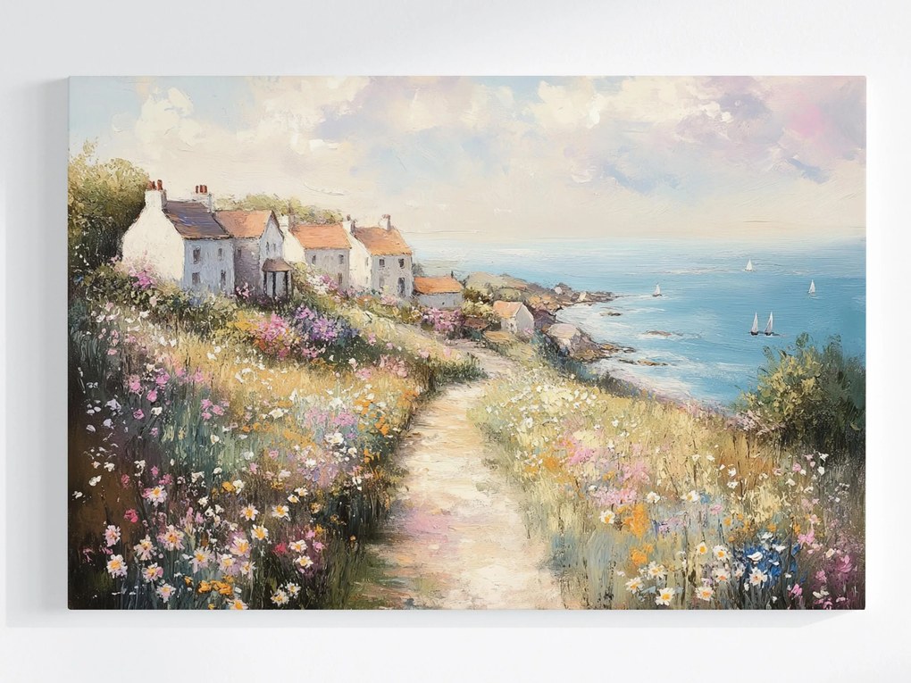 Vászonkép Canvas Tenger Házak Falu Virágok Vitorlás Tájkép 120x80
