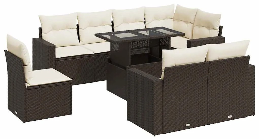 9 részes barna polyrattan kerti ülőgarnitúra párnákkal