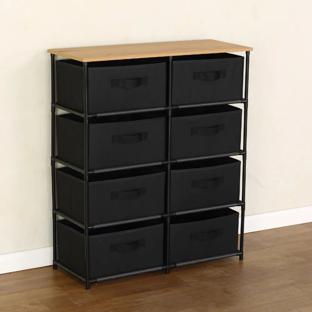 Intenso Home komód 8db szövet fiókkal 76x90cm | Fekete - arany tölgy vászonfiókos tároló