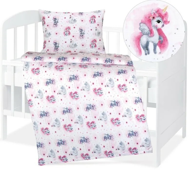 Bellatex pamut bölcsőágynemű Agata Unicorn rózsaszín, 90 x 135 cm, 45 x 60 cm