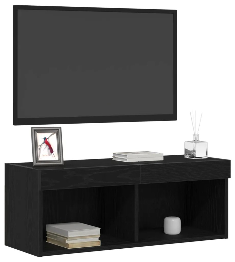 TV Fali Szekrények LED Fénnyel 2 db Fekete Tölgy 80x30x30 cm