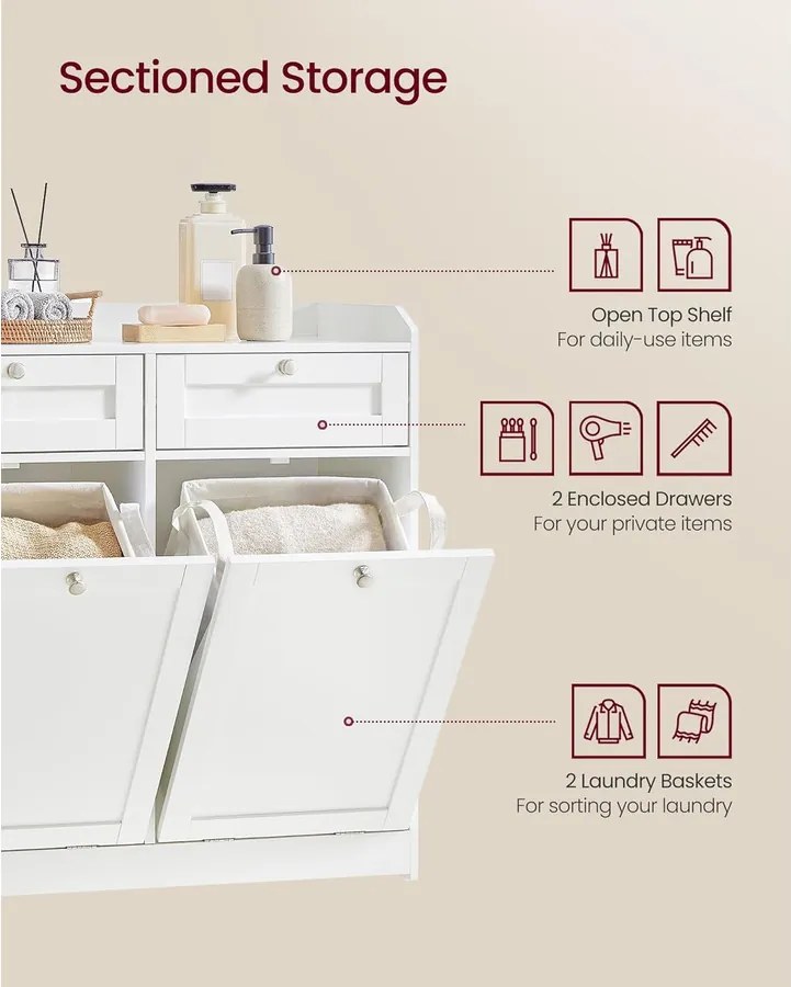 Fürdőszobai szekrény szennyeskosarakkal 40×78,9×80,2 cm, felhőfehér színben