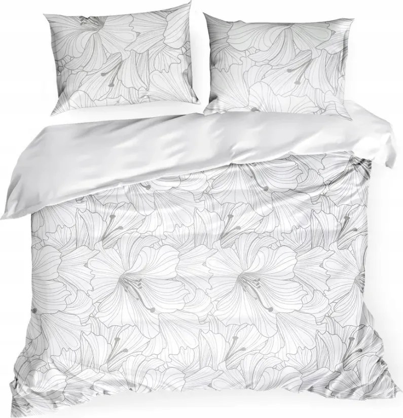 Ágynemű Garnitúra 140x200 Pamut Szatén CLASS10 Fehér-szürke Virágok