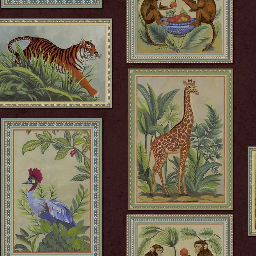 Holden Decor Wanderlust Menagerie bordó-lila állatos vlies tapéta – 92012