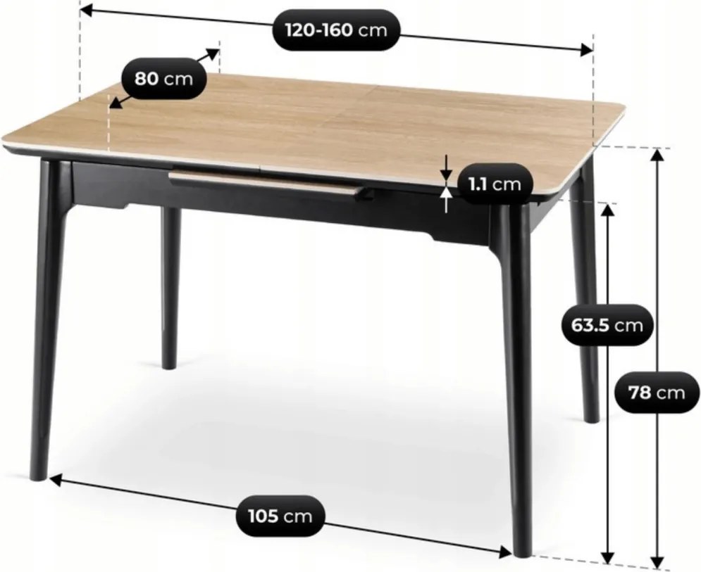 Kihúzható kerámia étkezőasztal 120–160 cm méretben, tölgy/fekete színben SAMER
