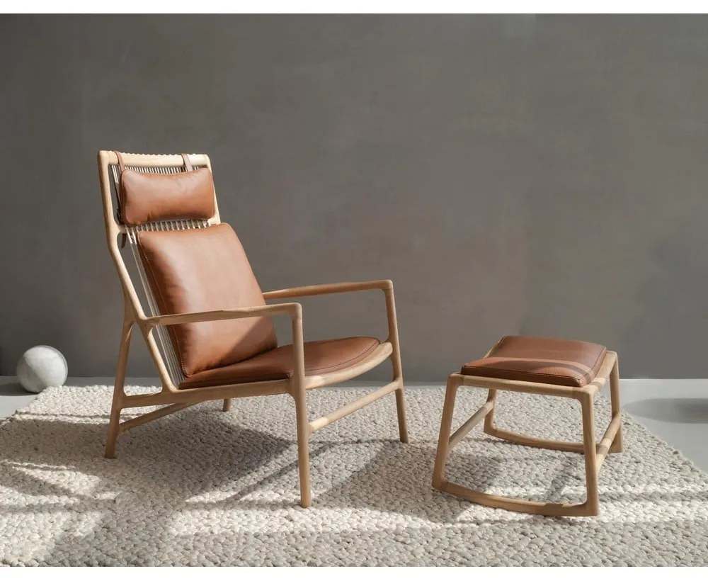 Dedo tömör tölgyfa szerkezetű zsámoly barna bivalybőr ülőkével - Gazzda