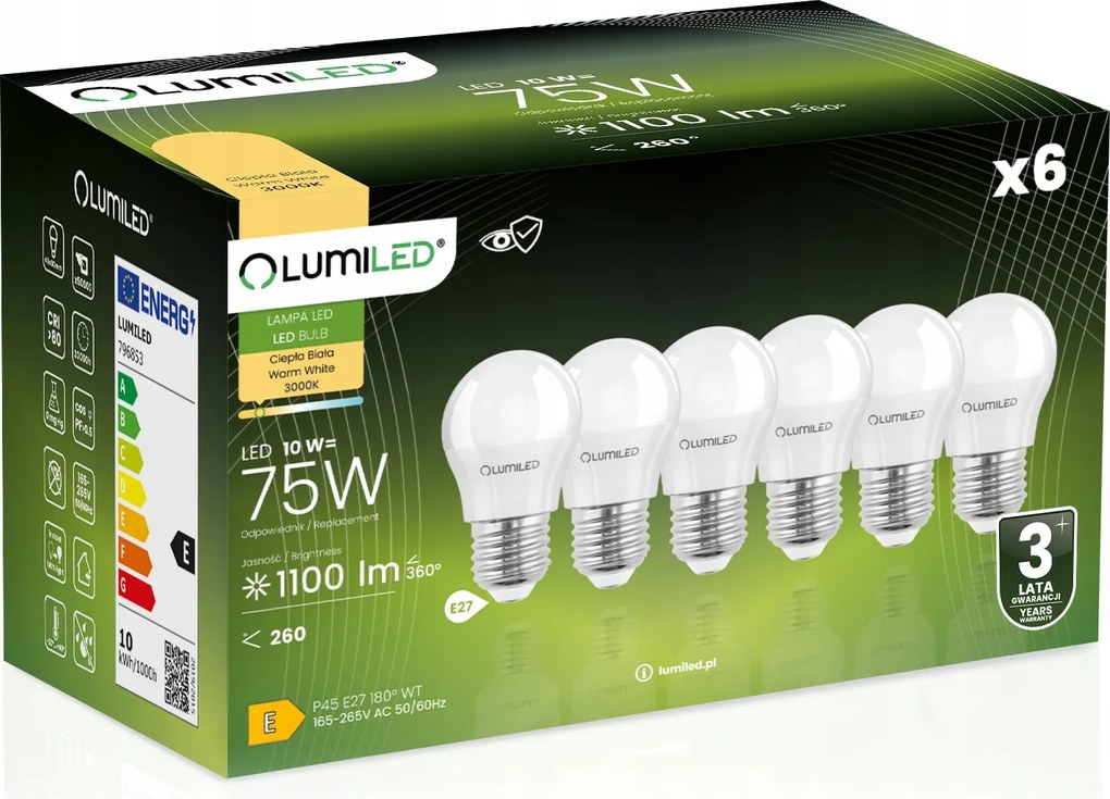 6x Led izzó E27 P45 Golyó 10W 3000K CCD Prémium
