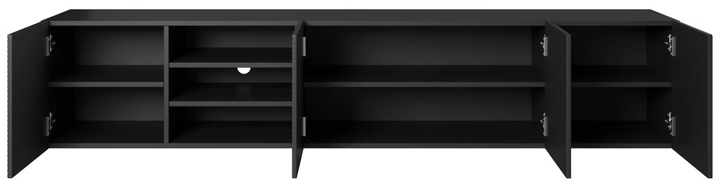 Asha fali RTV szekrény 200 cm - fekete matt, bordázott előlap / nyitott polc